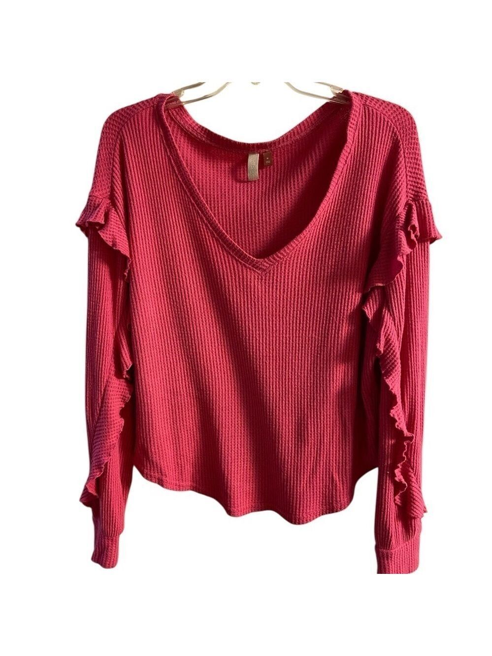 Pilcro V-Neck Ruffle Sleeve Top - pink Medium